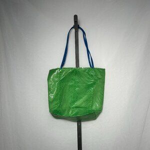 Carlos Falchi Green and Blue Faux Snakeskin Tote